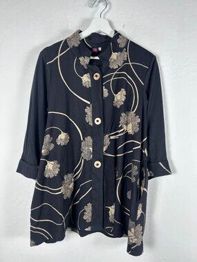 Cupcake International Womens Black Gold Floral Button-Front Tunic Top Small
